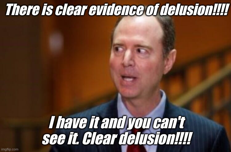 I wonder if someone else should be investigated? Not going to happen, #NotMe Nancy won't even investigate #NotMe Joe Biden | There is clear evidence of delusion!!!! I have it and you can't see it. Clear delusion!!!! | image tagged in adam schiff | made w/ Imgflip meme maker