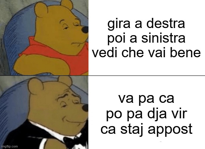 Tuxedo Winnie The Pooh | gira a destra poi a sinistra vedi che vai bene; va pa ca po pa dja vir ca staj appost | image tagged in memes,tuxedo winnie the pooh | made w/ Imgflip meme maker