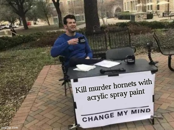 Change My Mind | Kill murder hornets with 
acrylic spray paint | image tagged in memes,change my mind,fun,murder hornets | made w/ Imgflip meme maker