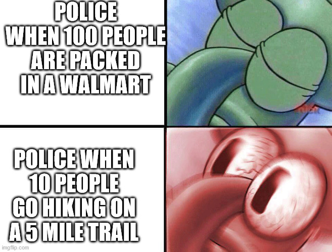 sleeping Squidward | POLICE WHEN 100 PEOPLE ARE PACKED IN A WALMART; POLICE WHEN 10 PEOPLE GO HIKING ON A 5 MILE TRAIL | image tagged in sleeping squidward,memes | made w/ Imgflip meme maker