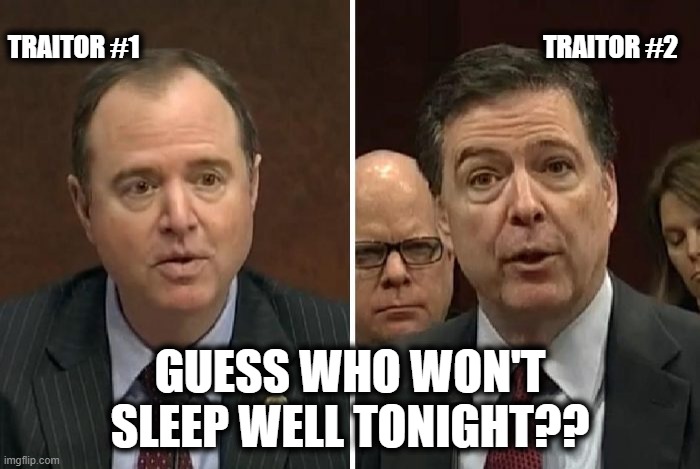 Hang 'Em High!! | TRAITOR #1                                                                               TRAITOR #2; GUESS WHO WON'T SLEEP WELL TONIGHT?? | image tagged in politics,political meme,political,fbi director james comey,adam schiff,political memes | made w/ Imgflip meme maker