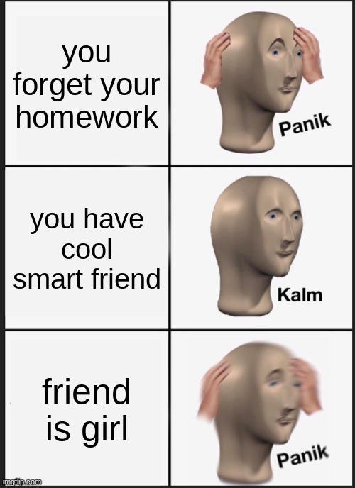 homework girl | you forget your homework; you have cool smart friend; friend is girl | image tagged in memes,panik kalm panik | made w/ Imgflip meme maker
