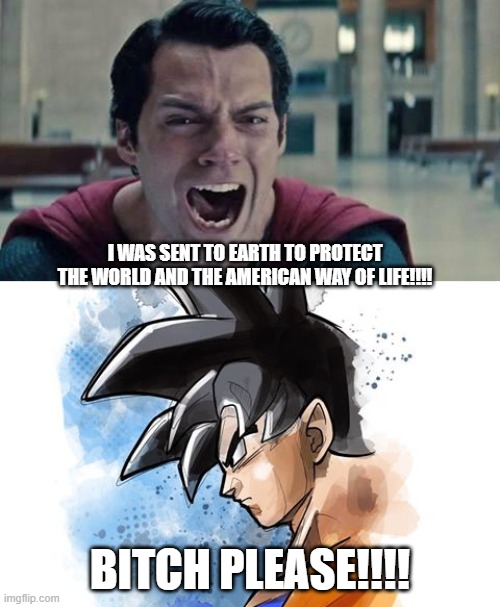 American Superhero | I WAS SENT TO EARTH TO PROTECT THE WORLD AND THE AMERICAN WAY OF LIFE!!!! BITCH PLEASE!!!! | image tagged in goku,american way,superman | made w/ Imgflip meme maker