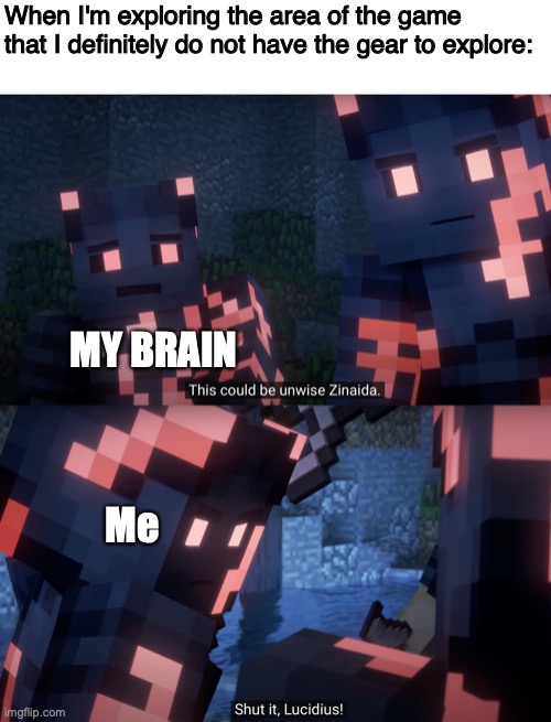 This could be unwise | When I'm exploring the area of the game that I definitely do not have the gear to explore:; MY BRAIN; Me | image tagged in this could be unwise,minecraft,songs of war | made w/ Imgflip meme maker