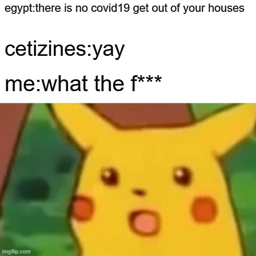 covid 19 in egypt | egypt:there is no covid19 get out of your houses; cetizines:yay; me:what the f*** | image tagged in memes,surprised pikachu | made w/ Imgflip meme maker