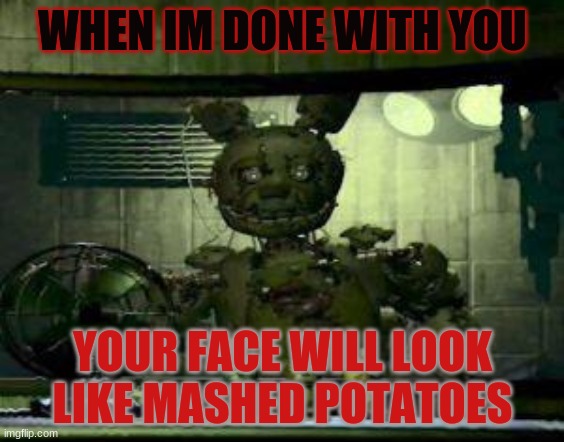 FNAF Springtrap in window | WHEN IM DONE WITH YOU; YOUR FACE WILL LOOK LIKE MASHED POTATOES | image tagged in fnaf springtrap in window | made w/ Imgflip meme maker