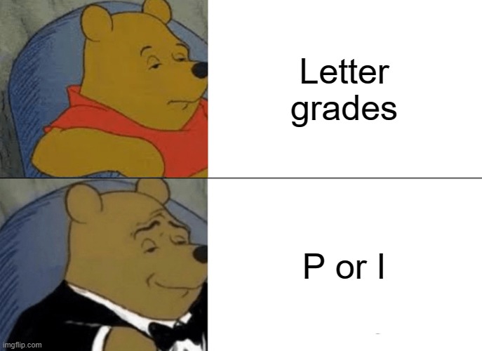 Tuxedo Winnie The Pooh | Letter grades; P or I | image tagged in memes,tuxedo winnie the pooh | made w/ Imgflip meme maker