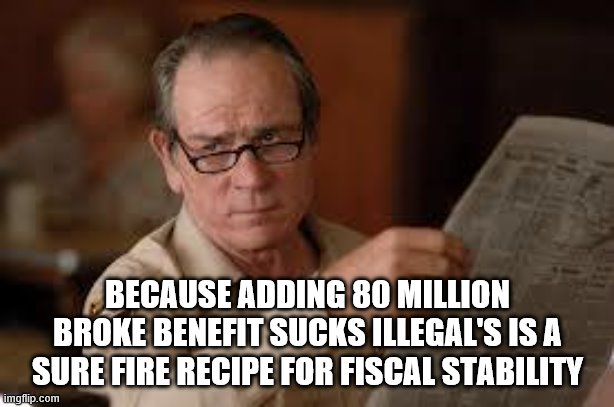 no country for old men tommy lee jones | BECAUSE ADDING 80 MILLION BROKE BENEFIT SUCKS ILLEGAL'S IS A SURE FIRE RECIPE FOR FISCAL STABILITY | image tagged in no country for old men tommy lee jones | made w/ Imgflip meme maker