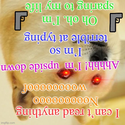 Doge | Oh oh. I’m sparing to my life; I’m so terrible at typing; Ahhhh! I’m  upside down; Nooooooooo        woooooooof; I can’t read anything | image tagged in memes,doge | made w/ Imgflip meme maker