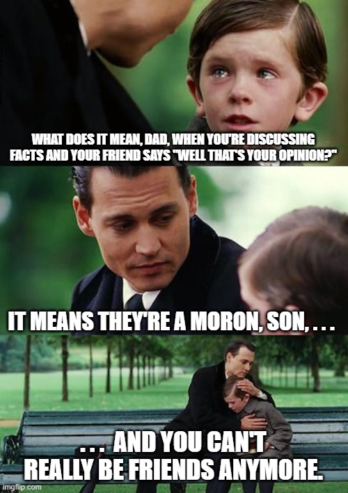 You can't be friends with morons | WHAT DOES IT MEAN, DAD, WHEN YOU'RE DISCUSSING FACTS AND YOUR FRIEND SAYS "WELL THAT'S YOUR OPINION?"; IT MEANS THEY'RE A MORON, SON, . . . . . .  AND YOU CAN'T REALLY BE FRIENDS ANYMORE. | image tagged in memes,finding neverland | made w/ Imgflip meme maker