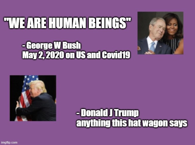 Human Beings | "WE ARE HUMAN BEINGS"; - George W Bush
May 2, 2020 on US and Covid19; - Donald J Trump
anything this hat wagon says | image tagged in donald trump,george bush,hug,covid19 | made w/ Imgflip meme maker