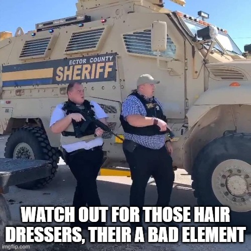 Police | WATCH OUT FOR THOSE HAIR DRESSERS, THEIR A BAD ELEMENT | image tagged in covid-19,hair,haircut,police | made w/ Imgflip meme maker