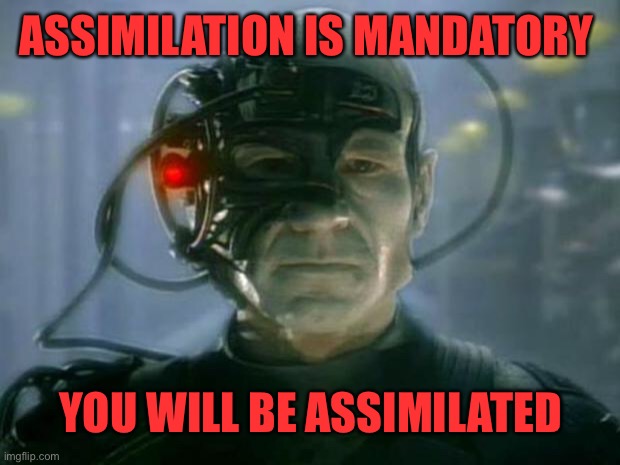 Locutus of Borg | ASSIMILATION IS MANDATORY YOU WILL BE ASSIMILATED | image tagged in locutus of borg | made w/ Imgflip meme maker