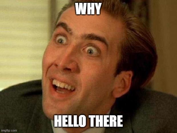 Nicolas Cage | WHY; HELLO THERE | image tagged in nicolas cage | made w/ Imgflip meme maker