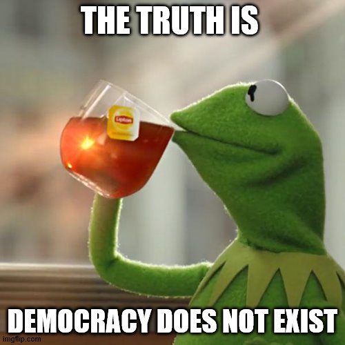 But That's None Of My Business Meme | THE TRUTH IS; DEMOCRACY DOES NOT EXIST | image tagged in memes,but that's none of my business,kermit the frog | made w/ Imgflip meme maker