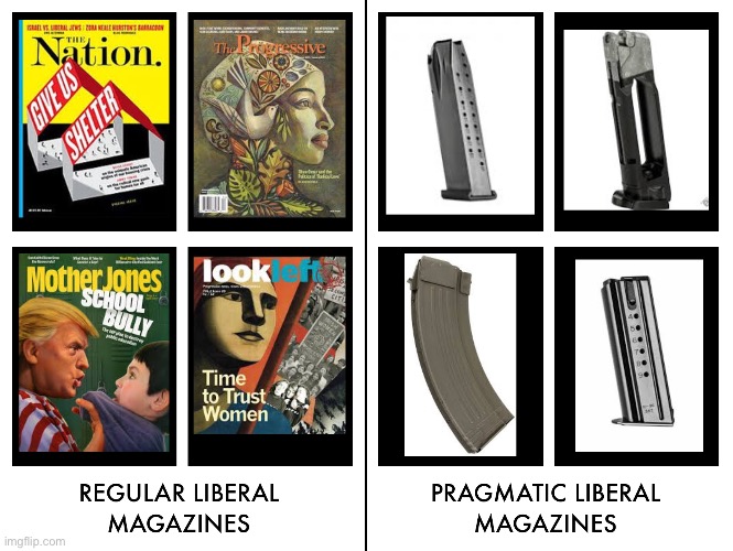 Liberal mags | image tagged in self defense,2nd amendment,guns,pragmatism,periodicals,culture war | made w/ Imgflip meme maker