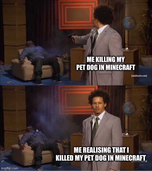 Who Killed Hannibal | ME KILLING MY PET DOG IN MINECRAFT; ME REALISING THAT I KILLED MY PET DOG IN MINECRAFT | image tagged in memes,who killed hannibal | made w/ Imgflip meme maker