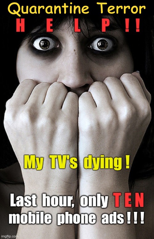 When You Know There's No Hope | Quarantine Terror; HELP!! My TV's dying! Last hour, only TEN mobile phone ads!!! | image tagged in sick_covid stream,covid-19,rick75230,quarantine,tv ads,shelter in place | made w/ Imgflip meme maker