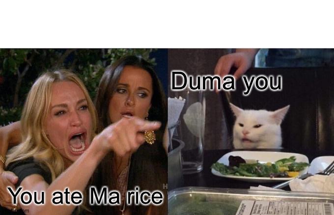 Ma rice | Duma you; You ate Ma rice | image tagged in memes,woman yelling at cat | made w/ Imgflip meme maker