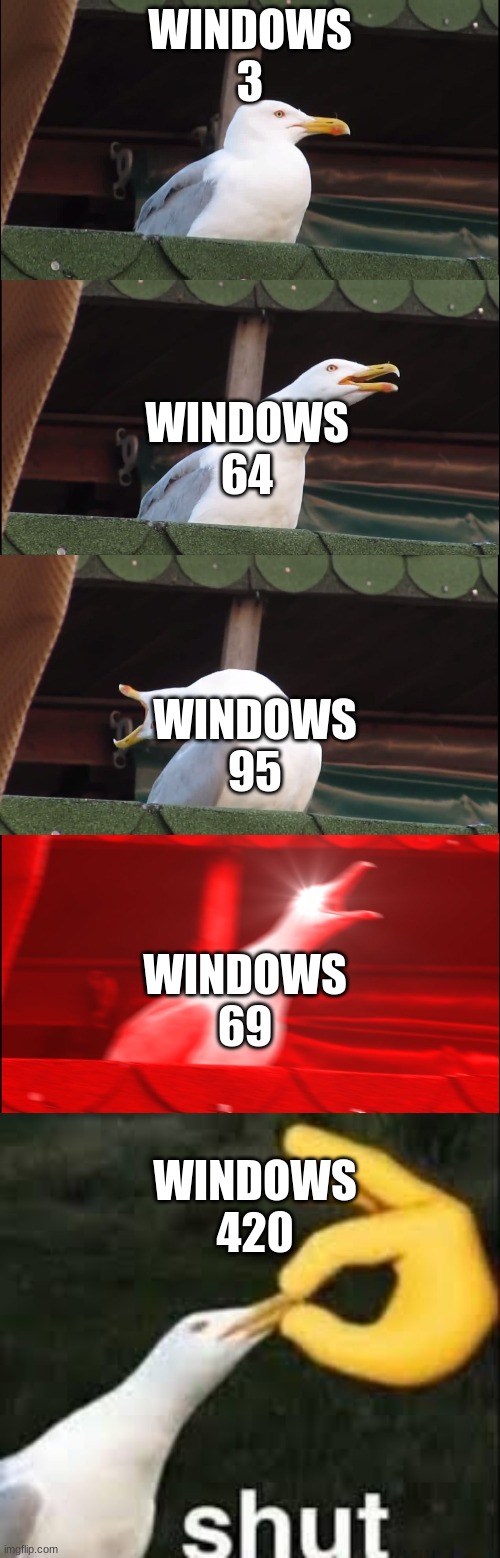 windo-. shut. | WINDOWS 3; WINDOWS 64; WINDOWS 95; WINDOWS 69; WINDOWS 420 | image tagged in memes,inhaling seagull | made w/ Imgflip meme maker