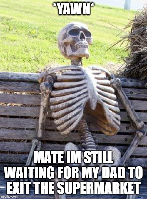 Waiting for my dad to leave the super market :/ | *YAWN*; MATE IM STILL WAITING FOR MY DAD TO EXIT THE SUPERMARKET | image tagged in memes,waiting skeleton | made w/ Imgflip meme maker