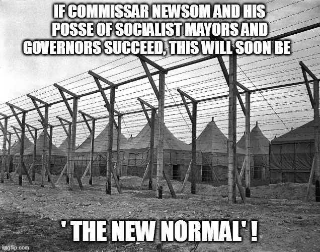 What was old is new again! | IF COMMISSAR NEWSOM AND HIS POSSE OF SOCIALIST MAYORS AND GOVERNORS SUCCEED, THIS WILL SOON BE; ' THE NEW NORMAL' ! | image tagged in internment camp,libtards,covid19 | made w/ Imgflip meme maker