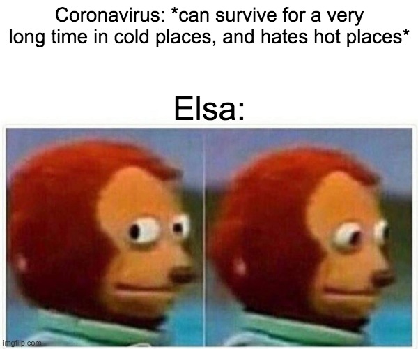Monkey Puppet | Coronavirus: *can survive for a very long time in cold places, and hates hot places*; Elsa: | image tagged in memes,monkey puppet | made w/ Imgflip meme maker