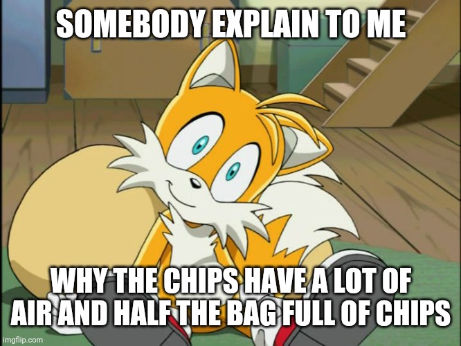 PLEASE EXPLAIN | SOMEBODY EXPLAIN TO ME; WHY THE CHIPS HAVE A LOT OF AIR AND HALF THE BAG FULL OF CHIPS | image tagged in tails | made w/ Imgflip meme maker