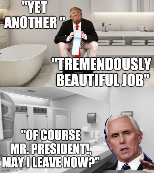 "YET ANOTHER "; "TREMENDOUSLY  BEAUTIFUL JOB"; "OF COURSE MR. PRESIDENT!, MAY I LEAVE NOW?" | image tagged in trump toilet,mike pence,white house,love yourself | made w/ Imgflip meme maker