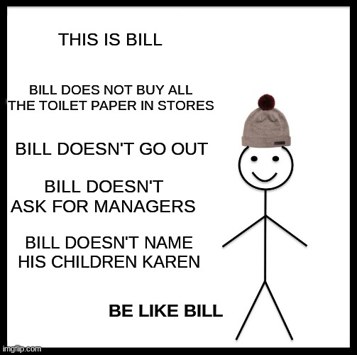 Be Like Bill | THIS IS BILL; BILL DOES NOT BUY ALL THE TOILET PAPER IN STORES; BILL DOESN'T GO OUT; BILL DOESN'T ASK FOR MANAGERS; BILL DOESN'T NAME HIS CHILDREN KAREN; BE LIKE BILL | image tagged in memes,be like bill | made w/ Imgflip meme maker
