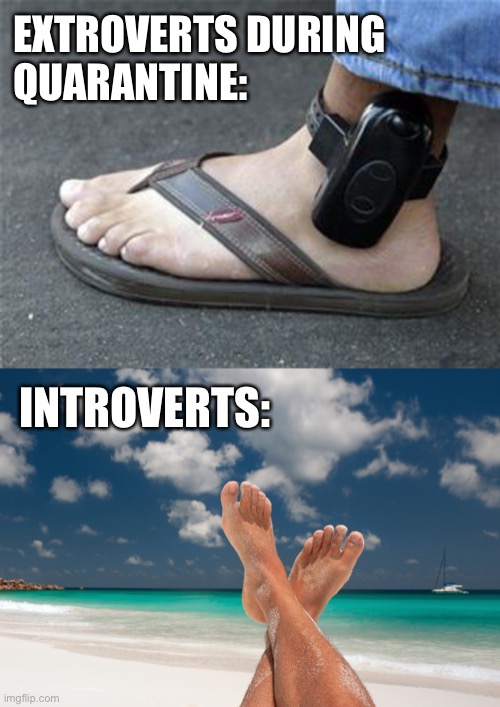 CORONAVIRUS MEMES: Introverts vs. Extroverts | EXTROVERTS DURING 
QUARANTINE:; INTROVERTS: | image tagged in ankle bracelet,beach feet,quarantine,coronavirus,funny,memes | made w/ Imgflip meme maker