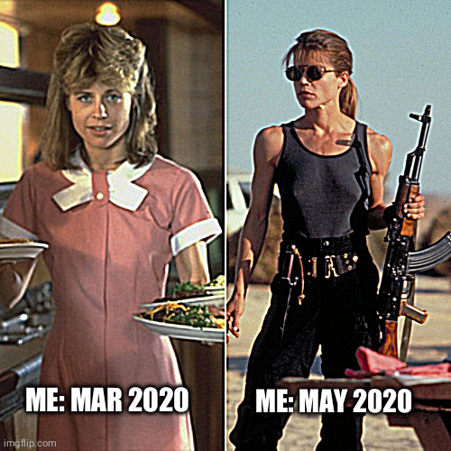 Sarah Connor vs Pandemic | ME: MAY 2020; ME: MAR 2020 | image tagged in sarah connor vs pandemic | made w/ Imgflip meme maker