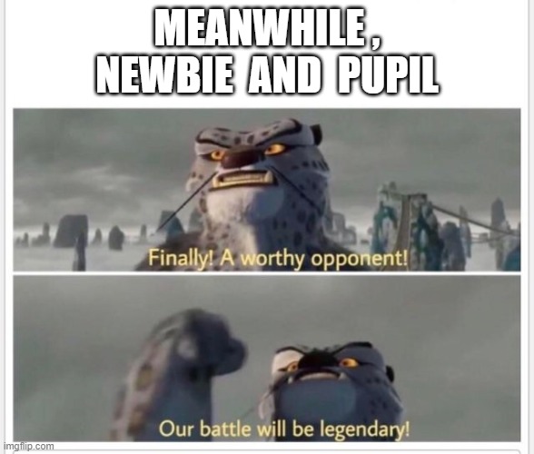 Finally! A worthy opponent! | MEANWHILE , NEWBIE  AND  PUPIL | image tagged in finally a worthy opponent | made w/ Imgflip meme maker