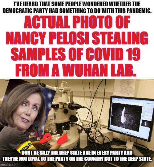 Whether this Virus Occurred naturally or was Made or was released on purpose.It's clear that Deep State fingers are all over it. | I'VE HEARD THAT SOME PEOPLE WONDERED WHETHER THE DEMOCRATIC PARTY HAD SOMETHING TO DO WITH THIS PANDEMIC. ACTUAL PHOTO OF NANCY PELOSI STEALING SAMPLES OF COVID 19 
FROM A WUHAN LAB. DONT BE SILLY THE DEEP STATE ARE IN EVERY PARTY AND THEY'RE NOT LOYAL TO THE PARTY OR THE COUNTRY BUT TO THE DEEP STATE. | image tagged in blank white template,microscope,nancy pelosi is crazy,democratic party responsible for corona virus,the deep state have no loyal | made w/ Imgflip meme maker