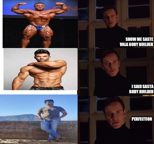 perfection | SHOW ME SASTE VALA BODY BUILDER; I SAID SASTA BODY BUILDER; PERFECTION | image tagged in perfection | made w/ Imgflip meme maker