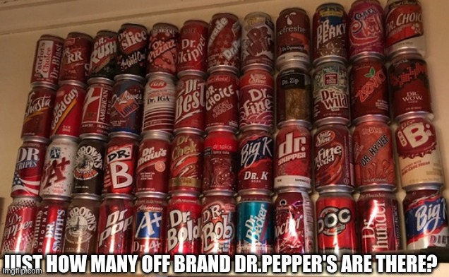 there's so many off brands it's stoopid | JUST HOW MANY OFF BRAND DR.PEPPER'S ARE THERE? | image tagged in off brands,soda,dr pepper | made w/ Imgflip meme maker