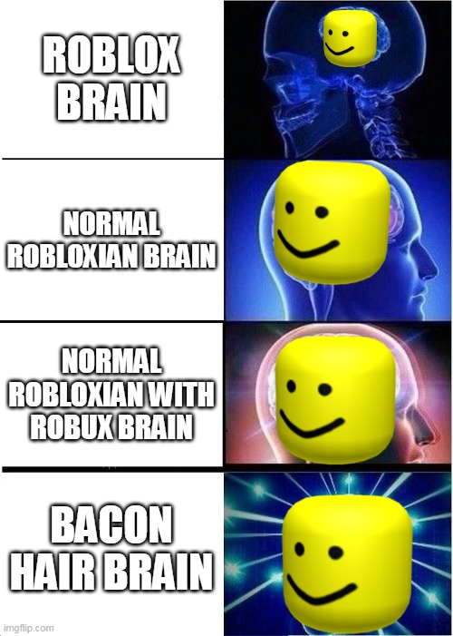 Which roblox brain are you? | ROBLOX BRAIN; NORMAL ROBLOXIAN BRAIN; NORMAL ROBLOXIAN WITH ROBUX BRAIN; BACON HAIR BRAIN | image tagged in roblox brain,which are you | made w/ Imgflip meme maker