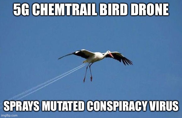 Chemtrail bird | 5G CHEMTRAIL BIRD DRONE; SPRAYS MUTATED CONSPIRACY VIRUS | image tagged in conspiracy,virus,drone,5g,bird | made w/ Imgflip meme maker