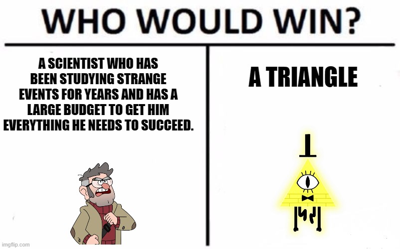 Who Would Win? Meme | A SCIENTIST WHO HAS BEEN STUDYING STRANGE EVENTS FOR YEARS AND HAS A LARGE BUDGET TO GET HIM EVERYTHING HE NEEDS TO SUCCEED. A TRIANGLE | image tagged in memes,who would win | made w/ Imgflip meme maker