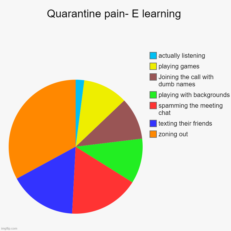 Quarantine pain- E learning | zoning out, texting their friends, spamming the meeting chat, playing with backgrounds, Joining the call with  | image tagged in charts,pie charts | made w/ Imgflip chart maker