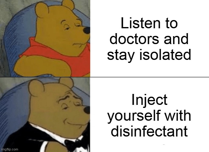 Tuxedo Winnie The Pooh | Listen to doctors and stay isolated; Inject yourself with disinfectant | image tagged in memes,tuxedo winnie the pooh | made w/ Imgflip meme maker
