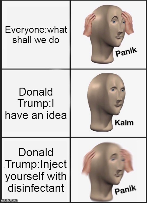 Panik Kalm Panik | Everyone:what shall we do; Donald Trump:I have an idea; Donald Trump:Inject yourself with disinfectant | image tagged in memes,panik kalm panik | made w/ Imgflip meme maker