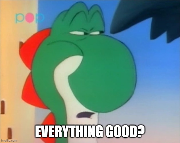 Skeptical Yoshi | EVERYTHING GOOD? | image tagged in skeptical yoshi | made w/ Imgflip meme maker