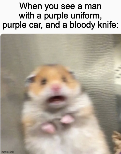 paniked hamster | When you see a man with a purple uniform, purple car, and a bloody knife: | image tagged in paniked hamster | made w/ Imgflip meme maker