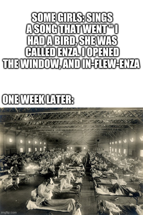 when songs kill 120 million people | SOME GIRLS: SINGS A SONG THAT WENT '' I HAD A BIRD, SHE WAS CALLED ENZA. I OPENED THE WINDOW, AND IN-FLEW-ENZA; ONE WEEK LATER: | image tagged in the 1918-1920 influenza pandemic in kansas,spanish flu,songs,birds,pandemic,virus | made w/ Imgflip meme maker
