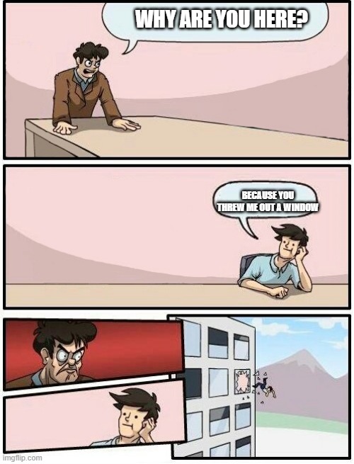 Boardroom Meeting Suggestion Day off | WHY ARE YOU HERE? BECAUSE YOU THREW ME OUT A WINDOW | image tagged in boardroom meeting suggestion day off | made w/ Imgflip meme maker