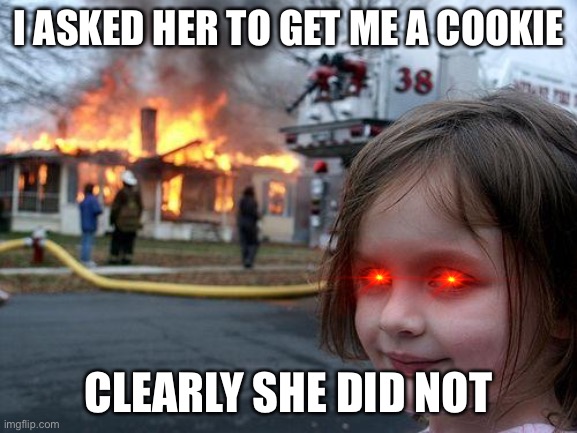 Disaster Girl | I ASKED HER TO GET ME A COOKIE; CLEARLY SHE DID NOT | image tagged in memes,disaster girl | made w/ Imgflip meme maker