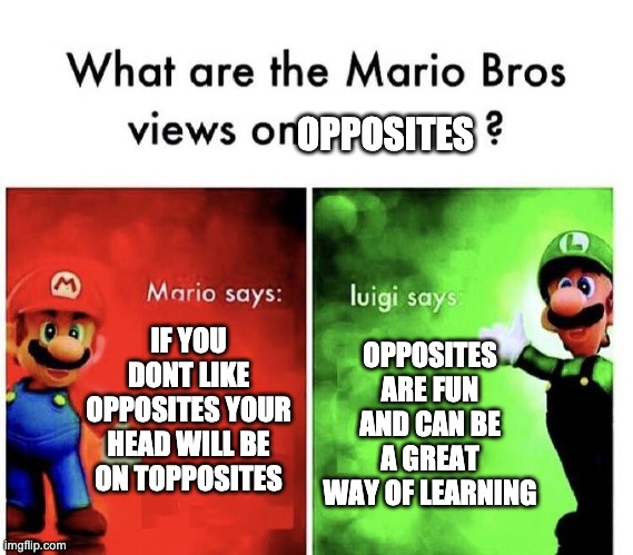 opposites | OPPOSITES; IF YOU DONT LIKE OPPOSITES YOUR HEAD WILL BE ON TOPPOSITES; OPPOSITES ARE FUN AND CAN BE A GREAT WAY OF LEARNING | image tagged in mario bros views | made w/ Imgflip meme maker