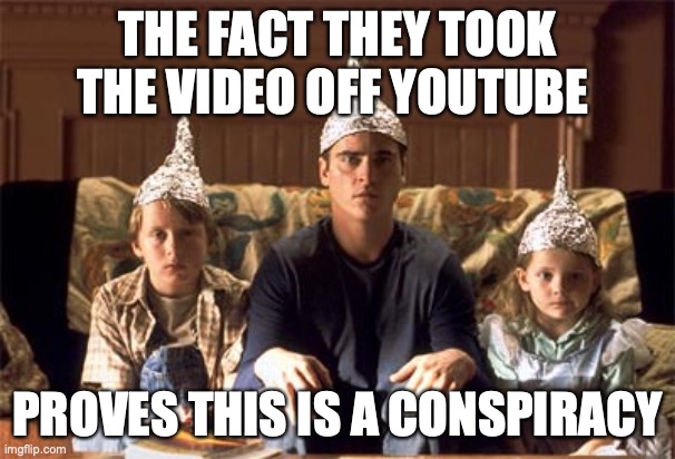 tin foil hats | THE FACT THEY TOOK THE VIDEO OFF YOUTUBE; PROVES THIS IS A CONSPIRACY | image tagged in tin foil hats | made w/ Imgflip meme maker