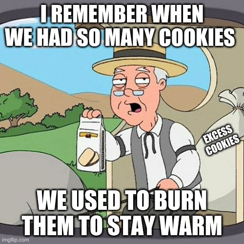 Pepperidge Farm Remembers Meme | I REMEMBER WHEN WE HAD SO MANY COOKIES; EXCESS COOKIES; WE USED TO BURN THEM TO STAY WARM | image tagged in memes,pepperidge farm remembers | made w/ Imgflip meme maker